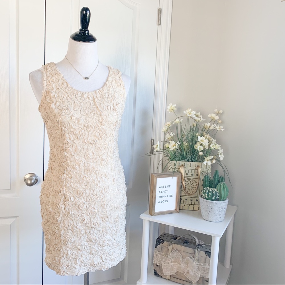 Ina Cream Textured Floral Lace Midi Dress